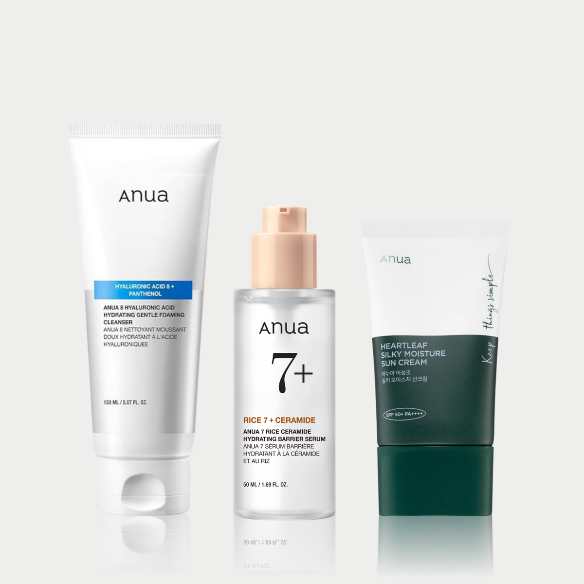 ANUA drėkinamasis ir apsauginis odos priežiūros rinkinys – valiklis, serumas ir apsaugos nuo saulės priemonė